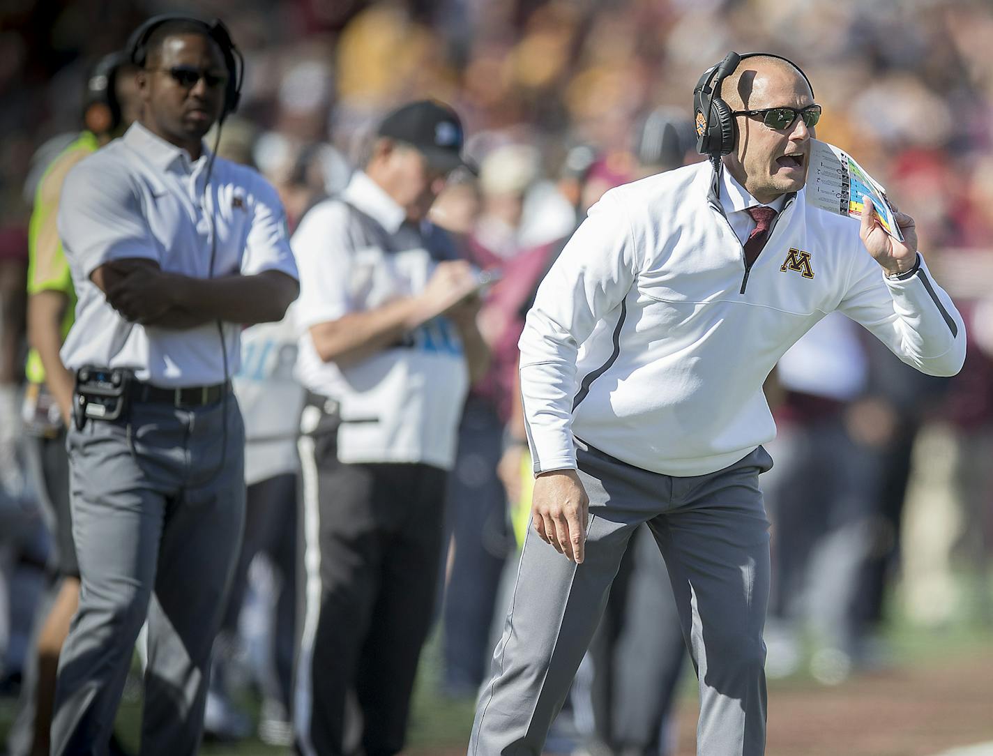 Minnesota's Head Coach P. J. Fleck on the sidelines during the first quarter as the Gophers took on Maryland at TCF Bank Stadium, Saturday, September 30, 2017 in Minneapolis, MN. ] ELIZABETH FLORES &#xef; liz.flores@startribune.com