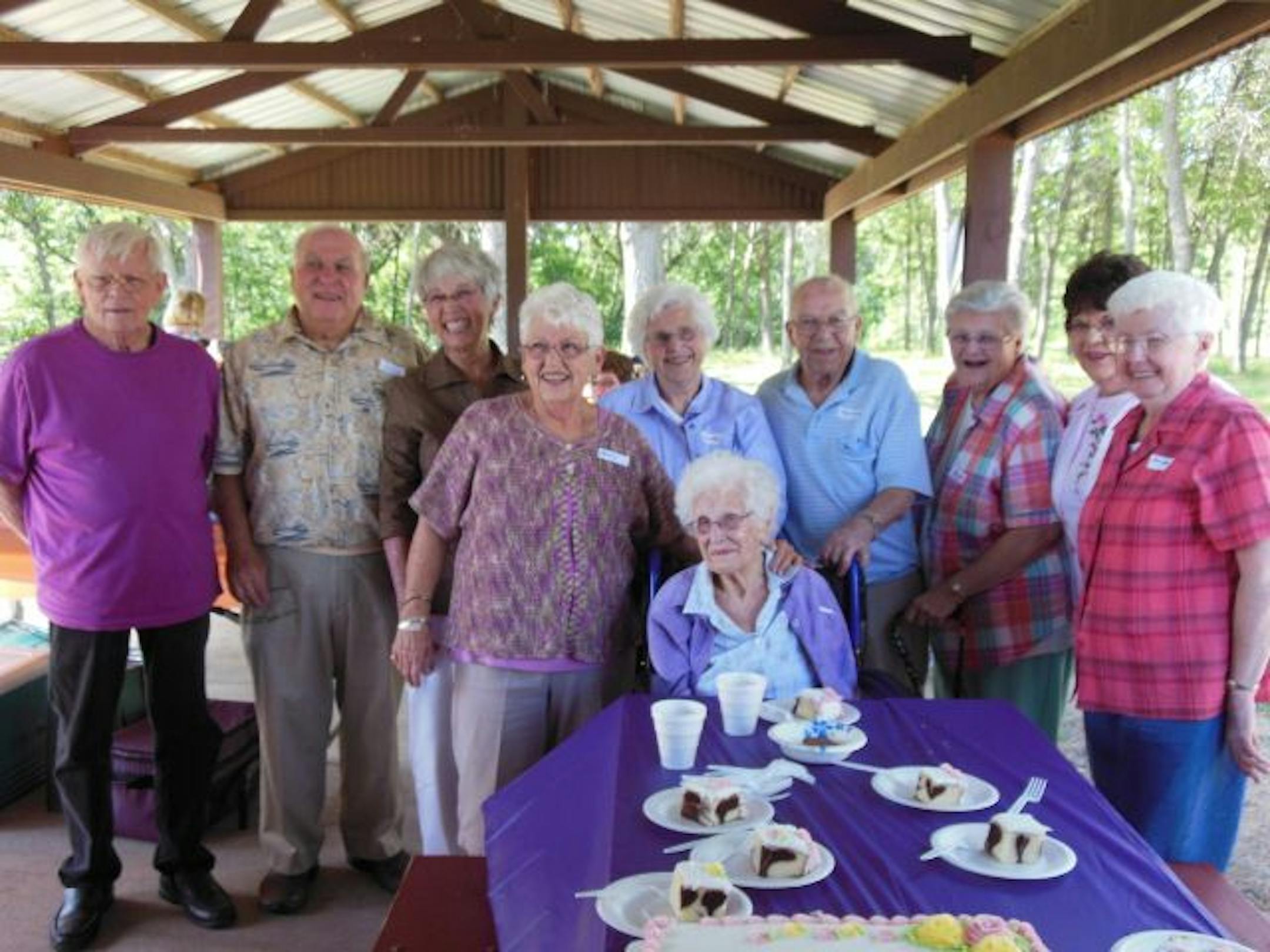 Grandma Jerda at her 103rd birthday party in June 2012, surrounded by her children and their spouses.