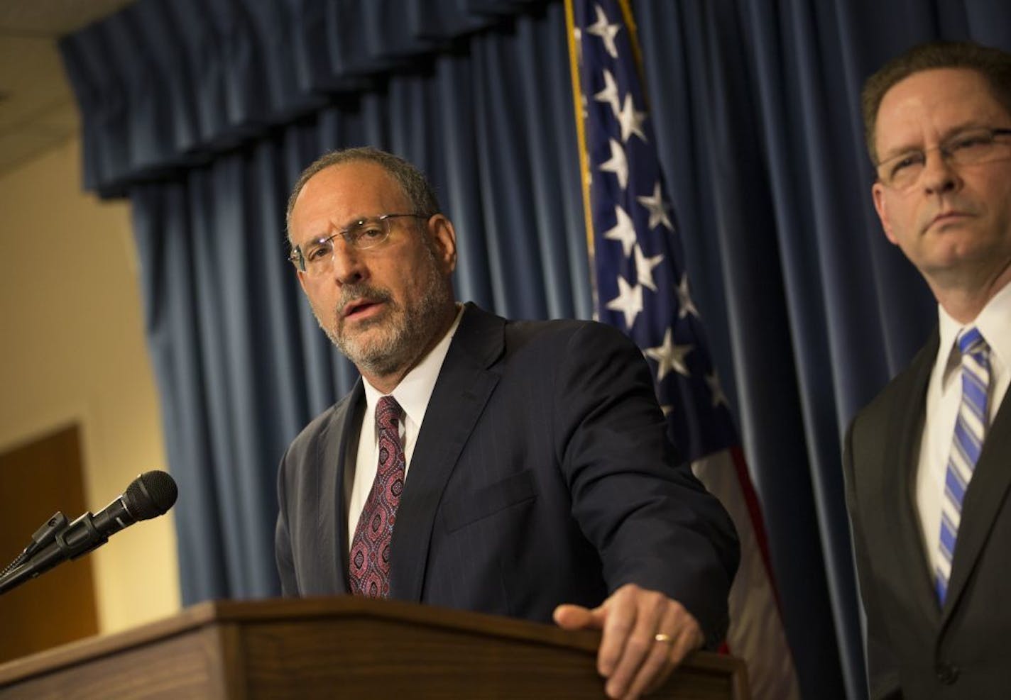 In April, Andrew Luger, U.S. attorney for Minnesota, left, and FBI Special Agent in charge Richard T. Thornton speak at a news conference on the criminal complaint charging six Minnesota men with terrorism at a news conference in Minneapolis.