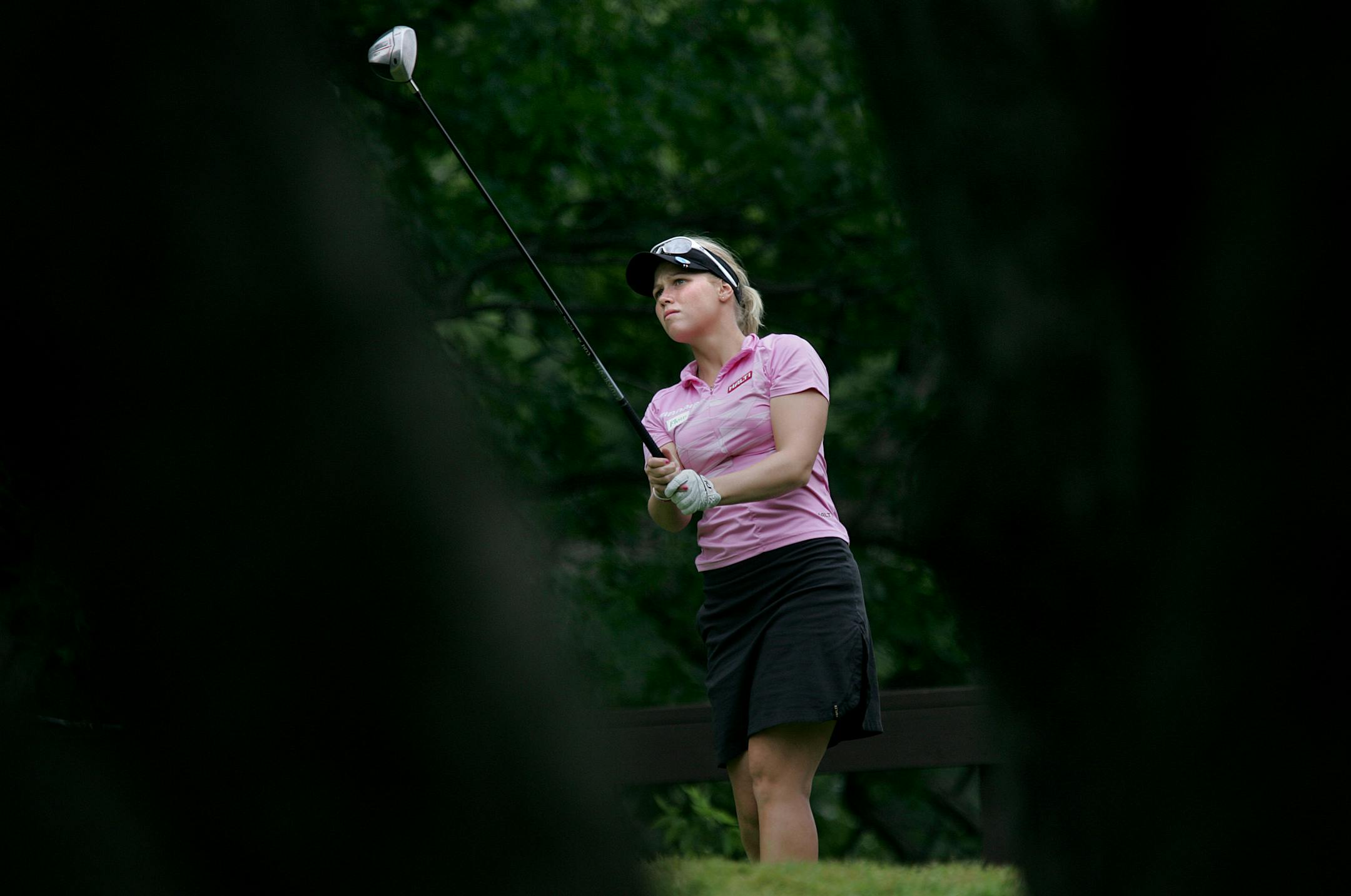 Finland's Minea Blomqvist watched her drive Friday on No. 5 during the second round. Blomqvist shot 4-under-par 69 after opening with a 72 and is contending for the title.