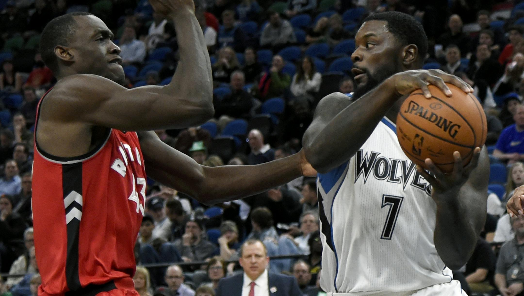 Minnesota Timberwolves guard Lance Stephenson (7) passes away from Toronto Raptors forward Pascal Siakam (43), of Cameroon, during the second quarter of an NBA basketball game on Wednesday, Feb. 8, 2017, in Minneapolis. The Timberwolves won 112-109. (AP Photo/Hannah Foslien) ORG XMIT: MNHF112