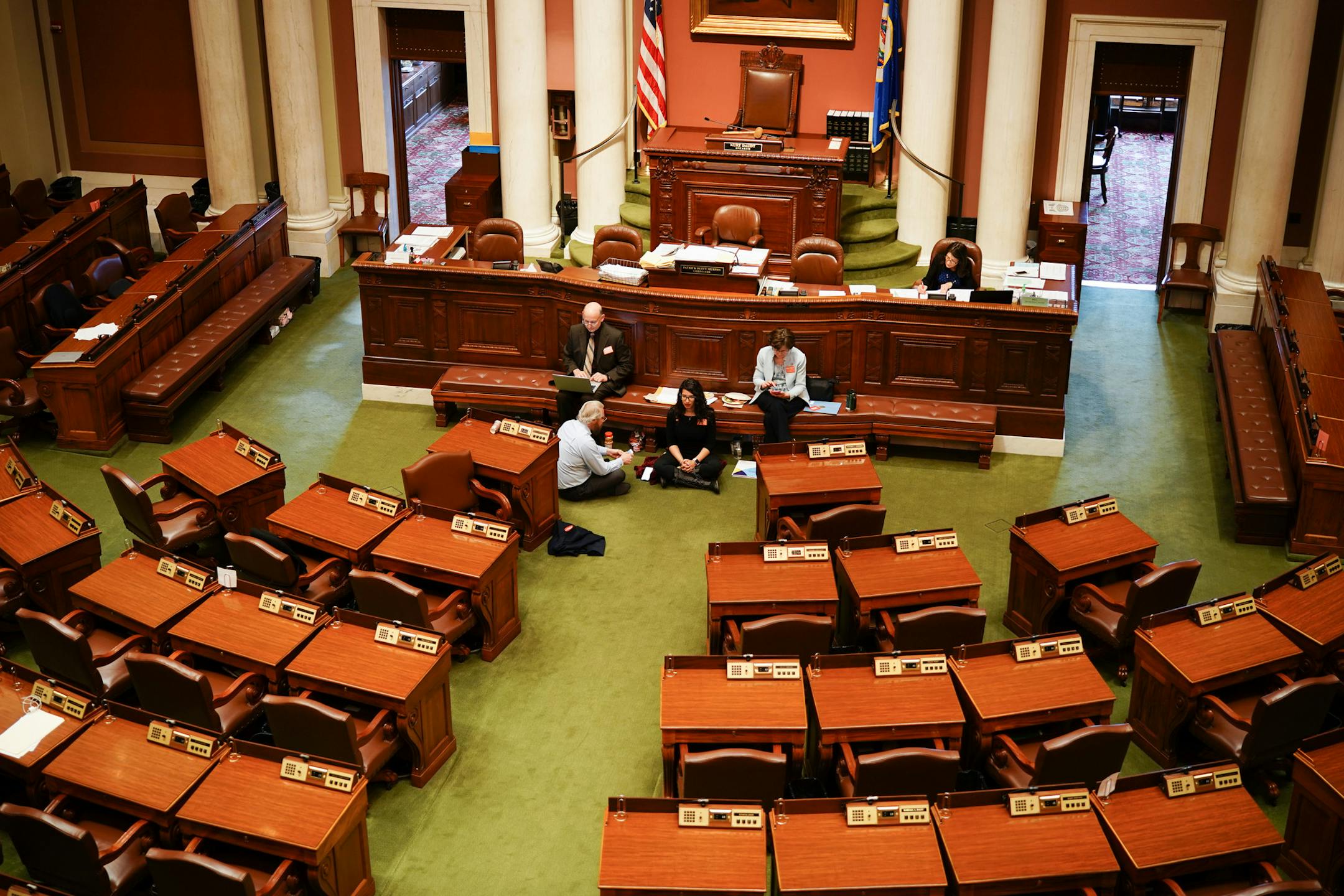 Erin Maye Quade of Apple Valley holds a 24-hour sit-in on the House floor for stronger gun laws. Other DFL reps are joining her. She is here with Raymond Dehn, Minneapolis, Peter Fischer, Maplewood and JoAnn Ward, Woodbury. ] GLEN STUBBE &#xef; glen.stubbe@startribune.com Tuesday, April 24, 2018 Some DFL members of the Minnesota House began a 24-hour sit in on the House floor Tuesday afternoon to call attention to gun violence and related policy proposals.
