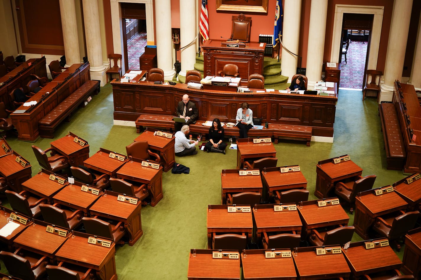 Erin Maye Quade of Apple Valley holds a 24-hour sit-in on the House floor for stronger gun laws. Other DFL reps are joining her. She is here with Raymond Dehn, Minneapolis, Peter Fischer, Maplewood and JoAnn Ward, Woodbury. ] GLEN STUBBE &#xef; glen.stubbe@startribune.com Tuesday, April 24, 2018 Some DFL members of the Minnesota House began a 24-hour sit in on the House floor Tuesday afternoon to call attention to gun violence and related policy proposals.