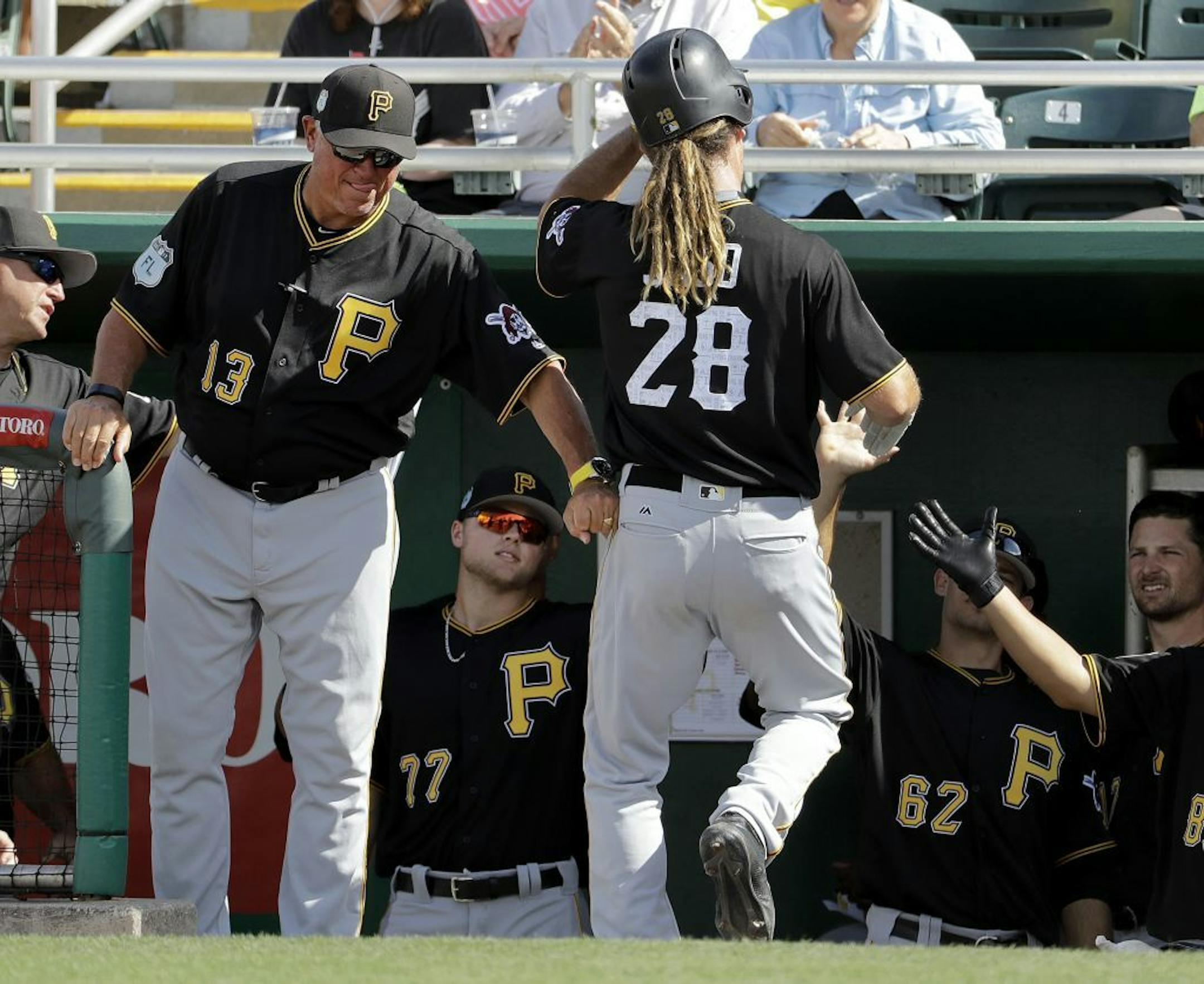 Pittsburgh Pirates' John Jaso, right, is congratulated by manager Clint Hurdle, left, after hitting a home run in the sixth inning of an exhibition spring training baseball game against the Minnesota Twins in Fort Myers, Fla., Wednesday, March 1, 2017.