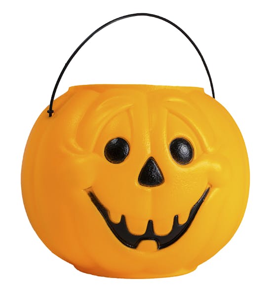 An orange Halloween jack-o-lantern candy bucket isolated on a white background. From istockphoto.com