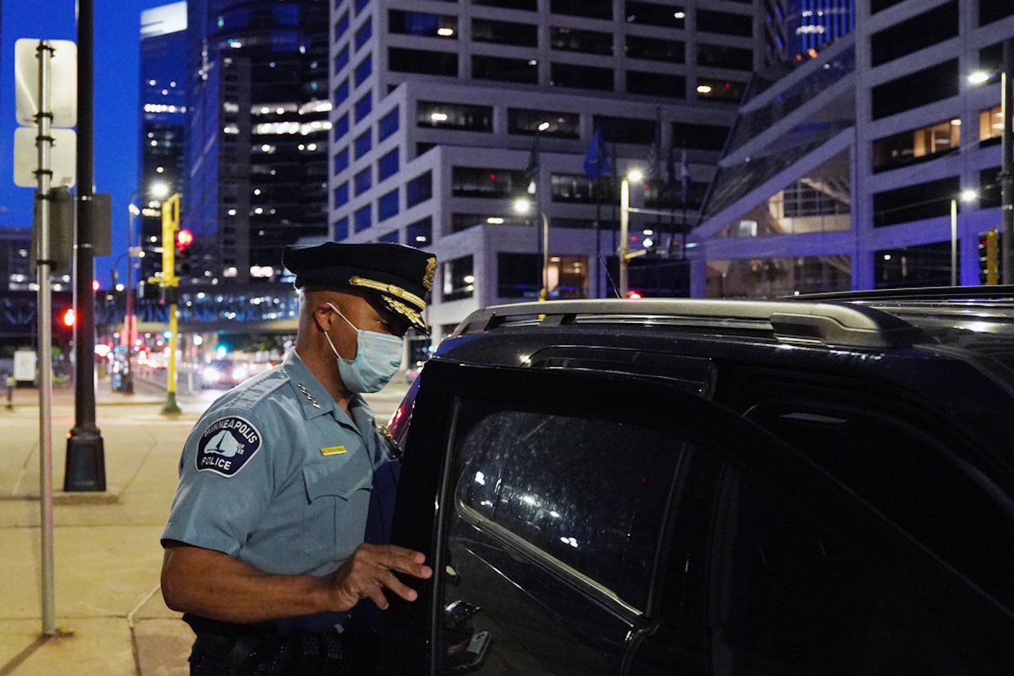 Minneapolis Police Chief Medaria Arradondo got in a vehicle with one of his assistants as he headed to the Fifth Precinct on May 29.