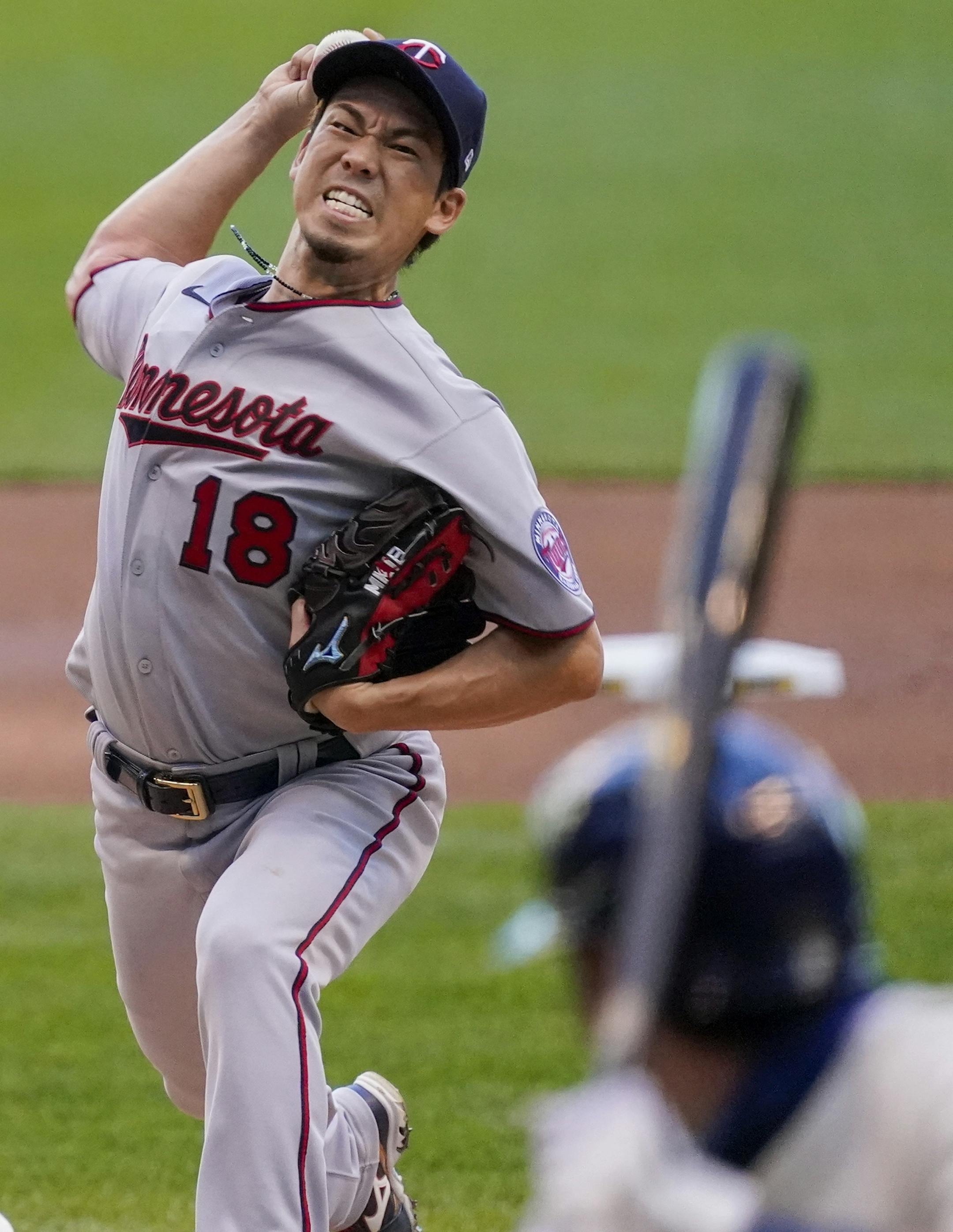Minnesota Twins starting pitcher Kenta Maeda throws during the first inning of a baseball game against the Milwaukee Brewers Wednesday, Aug. 12, 2020, in Milwaukee. (AP Photo/Morry Gash)