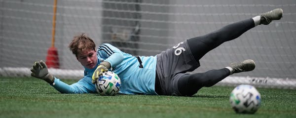 15-year-old goalie Fred Emmings, a 6-foot-6 sophomore at St. Paul Central, practiced with the Minnesota United on Friday, January 24, 2020 in Blaine. 