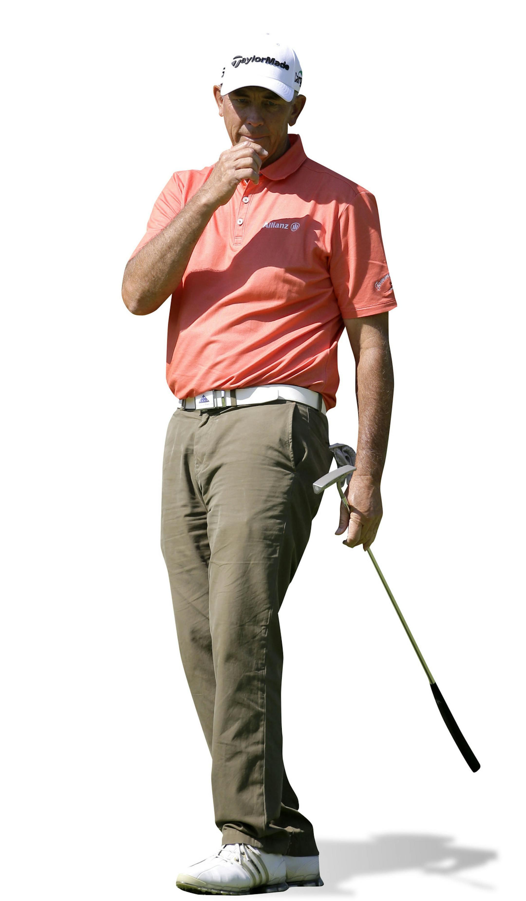 Tom Lehman reacts after missing a birdie putt on the 13th green during the pro-am for the Champions Tour's Encompass Championship golf tournament Thursday, July 9, 2015, in Glenview, Ill. (AP Photo/Nam Y. Huh) ORG XMIT: ILNH104