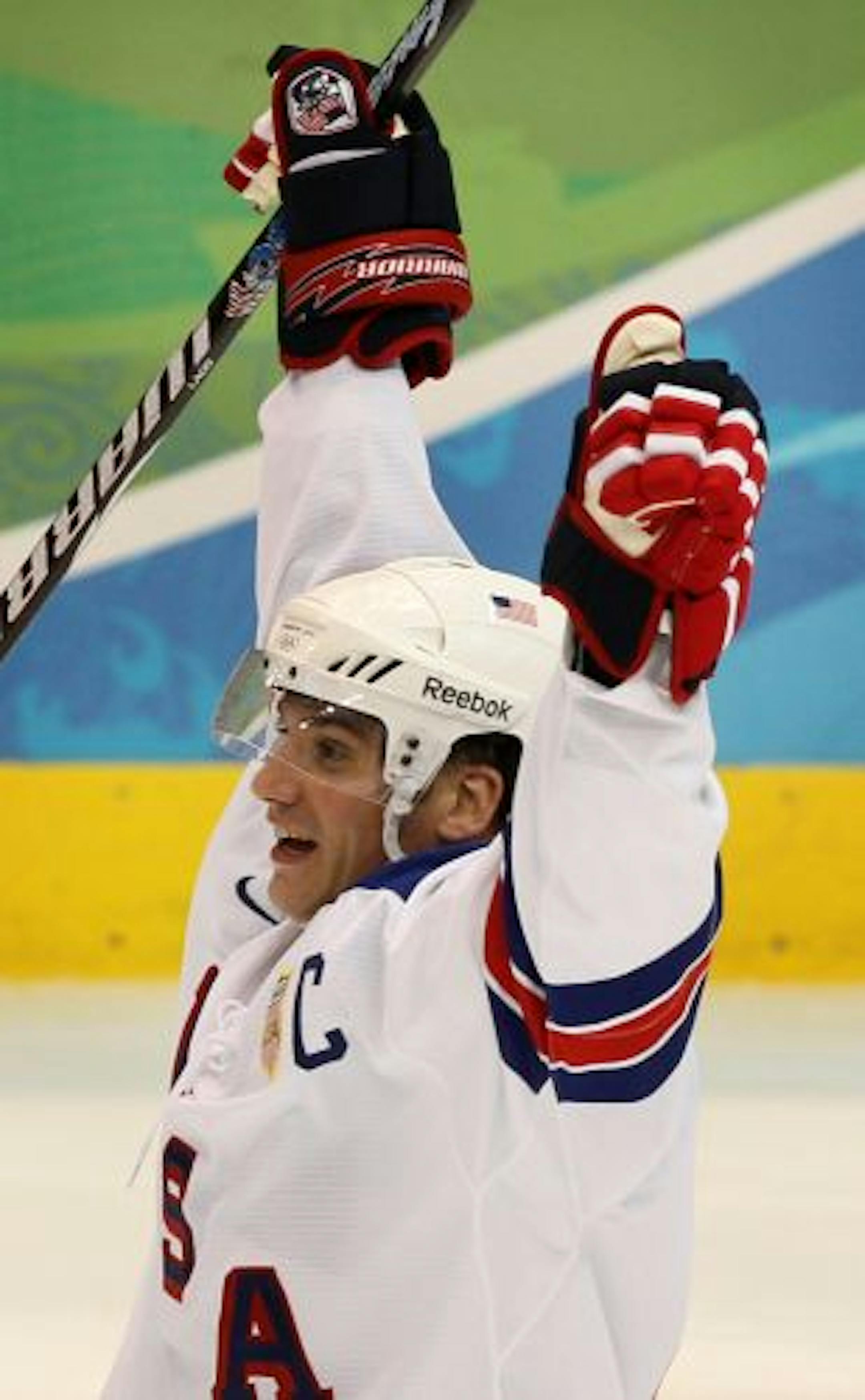 U.S. captain Jamie Langenbrunner celebrated his third-period goal on Sunday.