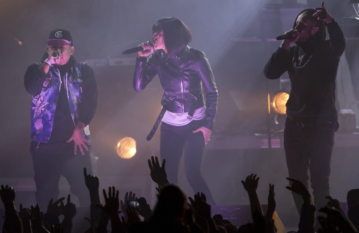 Mike Mictlan, Dessa and P.O.S. of Doomtree perform during the final set of Saturday's Doomtree Zoo at CHS Field in St. Paul.