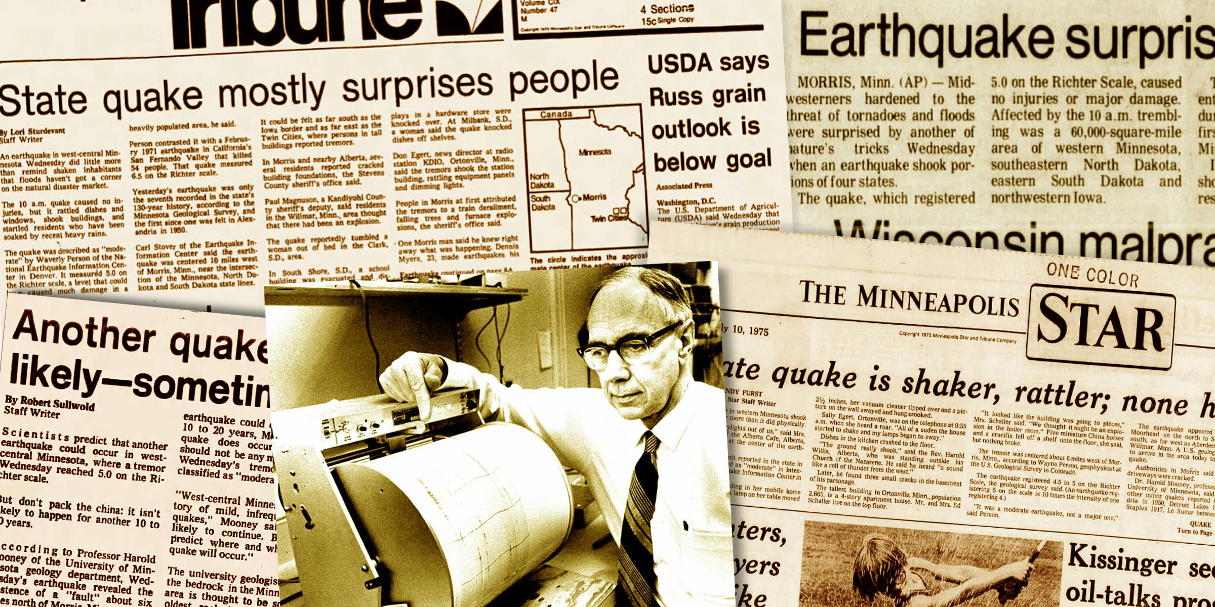 Newspaper pages and archival images tell the story of the July 1975 earthquake near Morris, Minnesota.