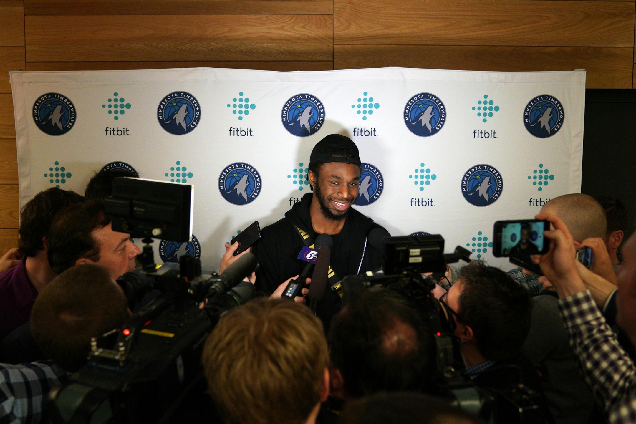 Minnesota Timberwolves forward Andrew Wiggins (22) took questions from the press following Tuesday's press conference.