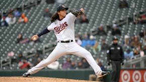 Minnesota Twins pitcher Dereck Rodriguez throws against the Los Angeles Dodgers during the fifth inning of a baseball game, Wednesday, April 13, 2022,