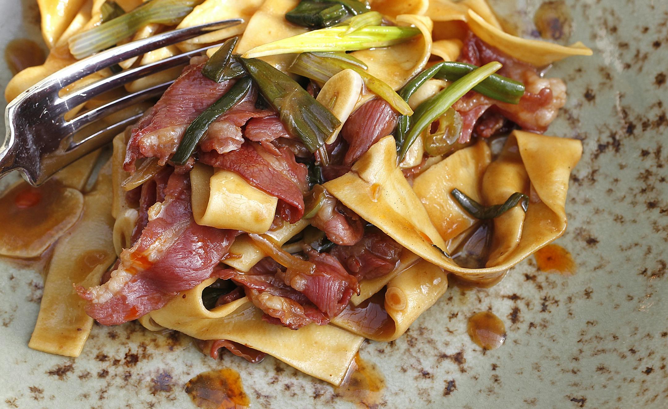 The food: egg noodle pasta with sauteeded lamb belly. _ Shinders redone. The Rick Nelson Review of the Union Bar, downtown Minneapolis. The chef, Jim Christiansen