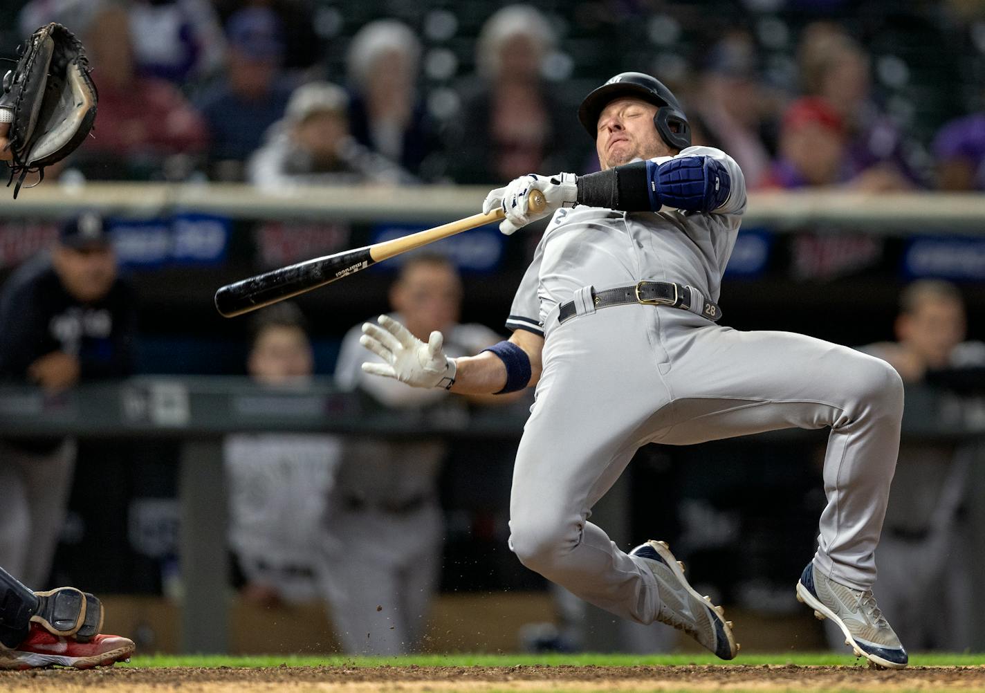 Josh Donaldson of the Yankees falls back after an inside pitch in the ninth inning Tuesday