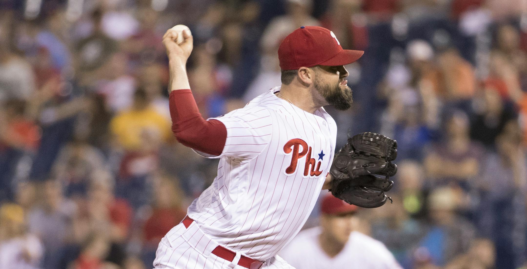 Philadelphia Phillies relief pitcher Pat Neshek throws a pitch during the seventh inning of a baseball game against the Arizona Diamondbacks, Friday, June 16, 2017, in Philadelphia. The Diamondbacks won 5-4. (AP Photo/Chris Szagola) ORG XMIT: OTKCS168