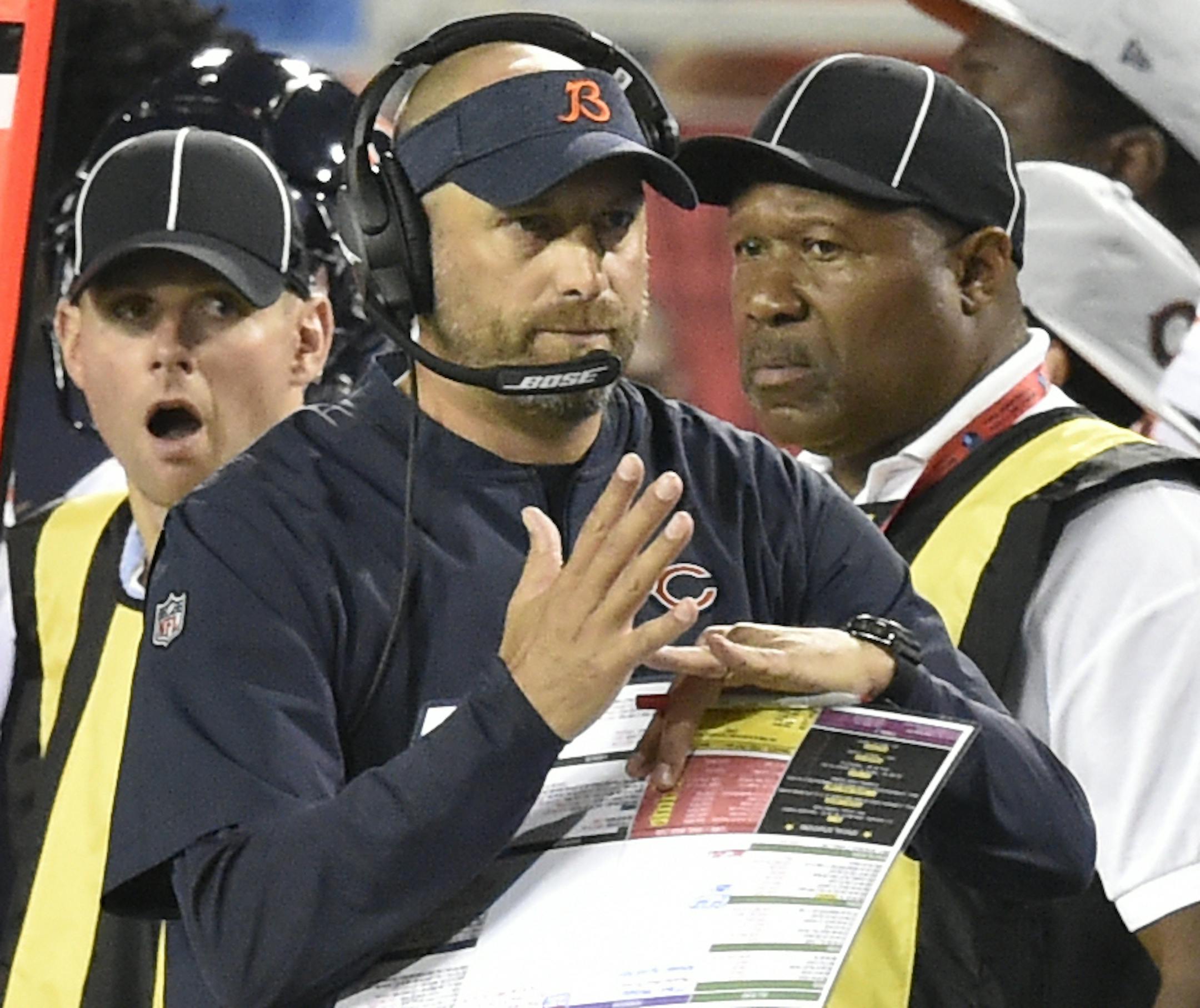 Chicago Bears coach Matt Nagy calls for a timeout during the first half against the Baltimore Ravens in the Pro Football Hall of Fame NFL preseason game Thursday, Aug. 2, 2018, in Canton, Ohio. (AP Photo/David Richard)