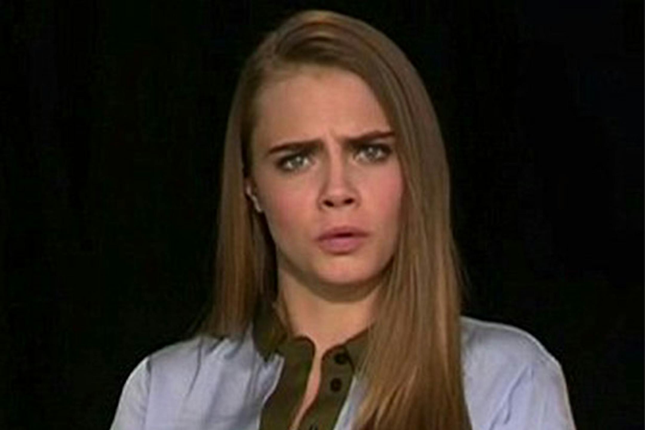 Actress Cara Delvingne reacts during an interview with "Good Day Sacramento."