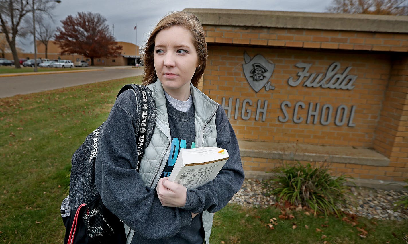 Claire Westra stood outside her high school because she cannot work on her college courses on the campus, Wednesday, October 26, 2016 in Fulda, MN. ] (ELIZABETH FLORES/STAR TRIBUNE) ELIZABETH FLORES &#x2022; eflores@startribune.com