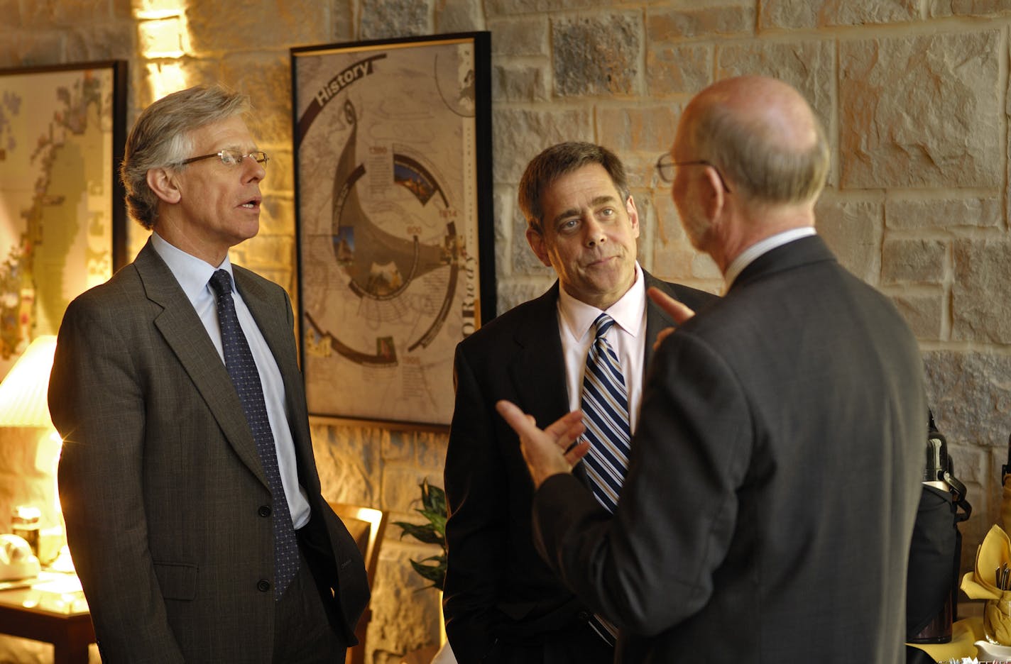 DAVID BREWSTER &#xef; dbrewster@startribune.com Wednesday_3/7/07_Northfield The U.S. Ambassador to Norway, Ben Whitney (center), and the Norwegian Ambassador to the United States, Knut Volleback (left), spoke to St.Olaf President David R. Anderson (right) Wednesday afternoon as part of their tour in the U.S. to boost student exchanges between Norway and the U.S. The numbers of students participating in educational exchange programs has declined over the past decade and the two ambassadors are ta