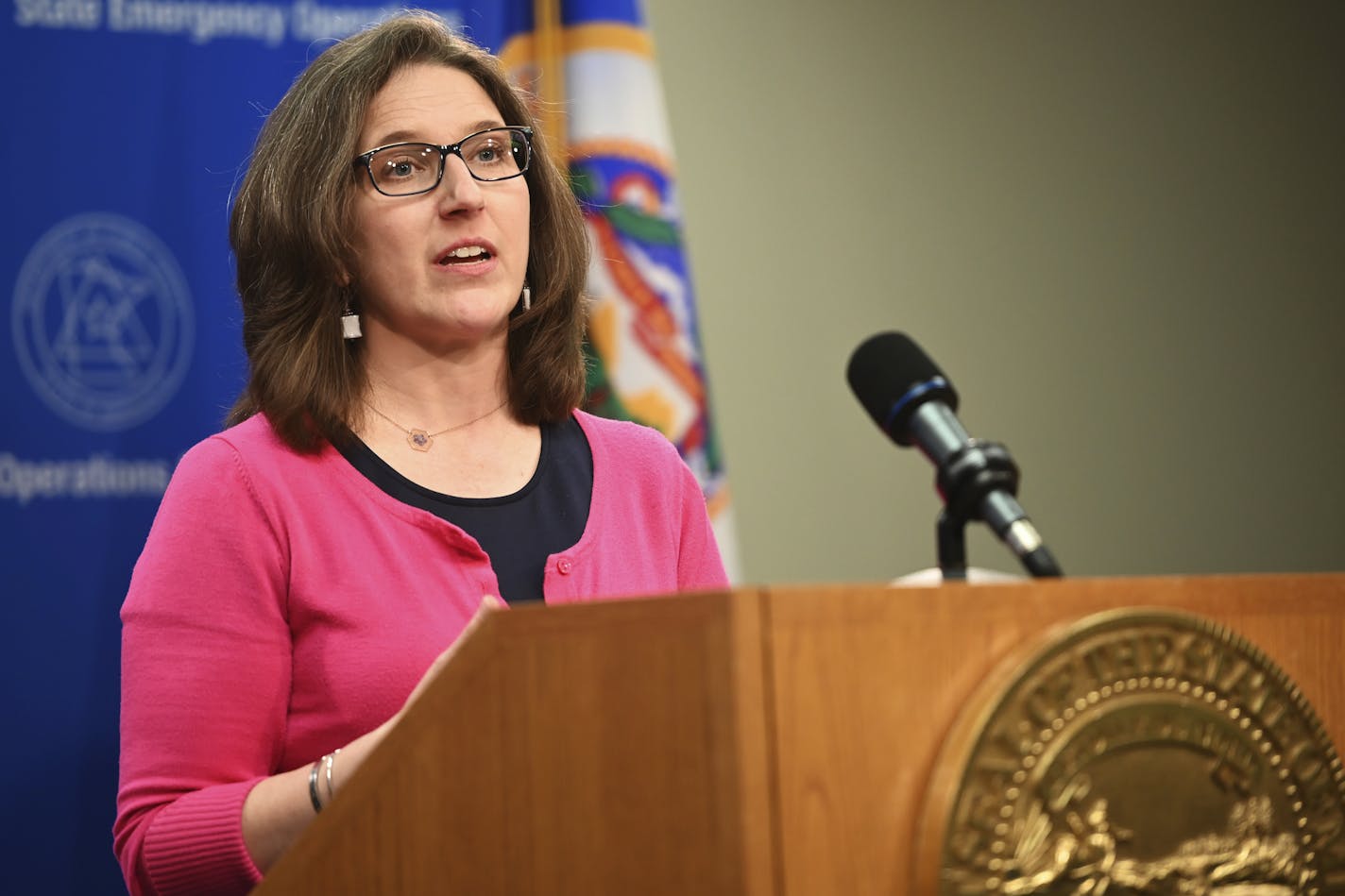 Minnesota Education Commissioner Mary Cathryn Ricker speaks during a news conference concerning the state's efforts against the new coronavirus, Thursday, April 23, 2020, in St. Paul, Minn. (Aaron Lavinsky/Star Tribune via AP, Pool)