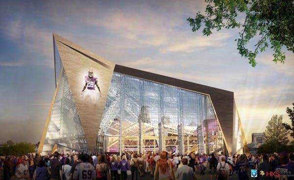 FILE - This fie handout released May 13, 2013, by the Minnesota Sports Facilities Authority and the Minnesota Vikings shows the new Vikings stadium in