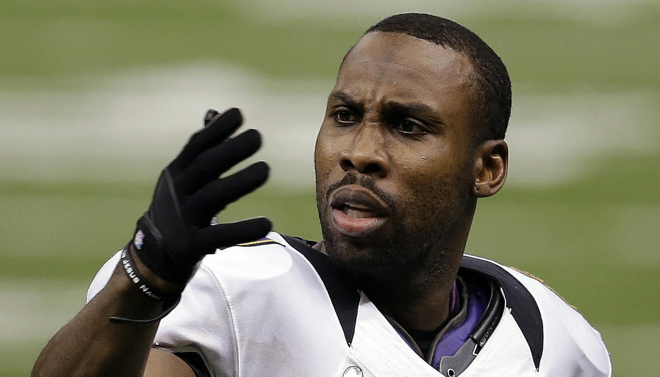 FILE - In this Feb. 3, 2013, file photo, Baltimore Ravens wide receiver Anquan Boldin (81) reacts to a play against the San Francisco 49ers during the NFL Super Bowl XLVII football game in New Orleans. The Ravens announced on Monday, March 11, that the 49ers have acquired Boldin for a sixth-round draft pick. (AP Photo/Elaine Thompson, File)