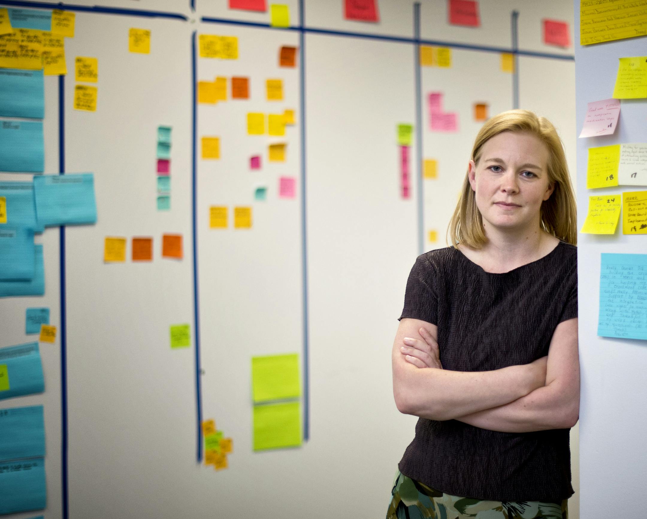 In one of the MNsure St. Paul offices, software configuration is tracked on the left and personal notes praising worker accomplishments on the right. MNsure executive director April Todd-Malmlov. Thursday, June 27, 2013. ] GLEN STUBBE * gstubbe@startribune.com