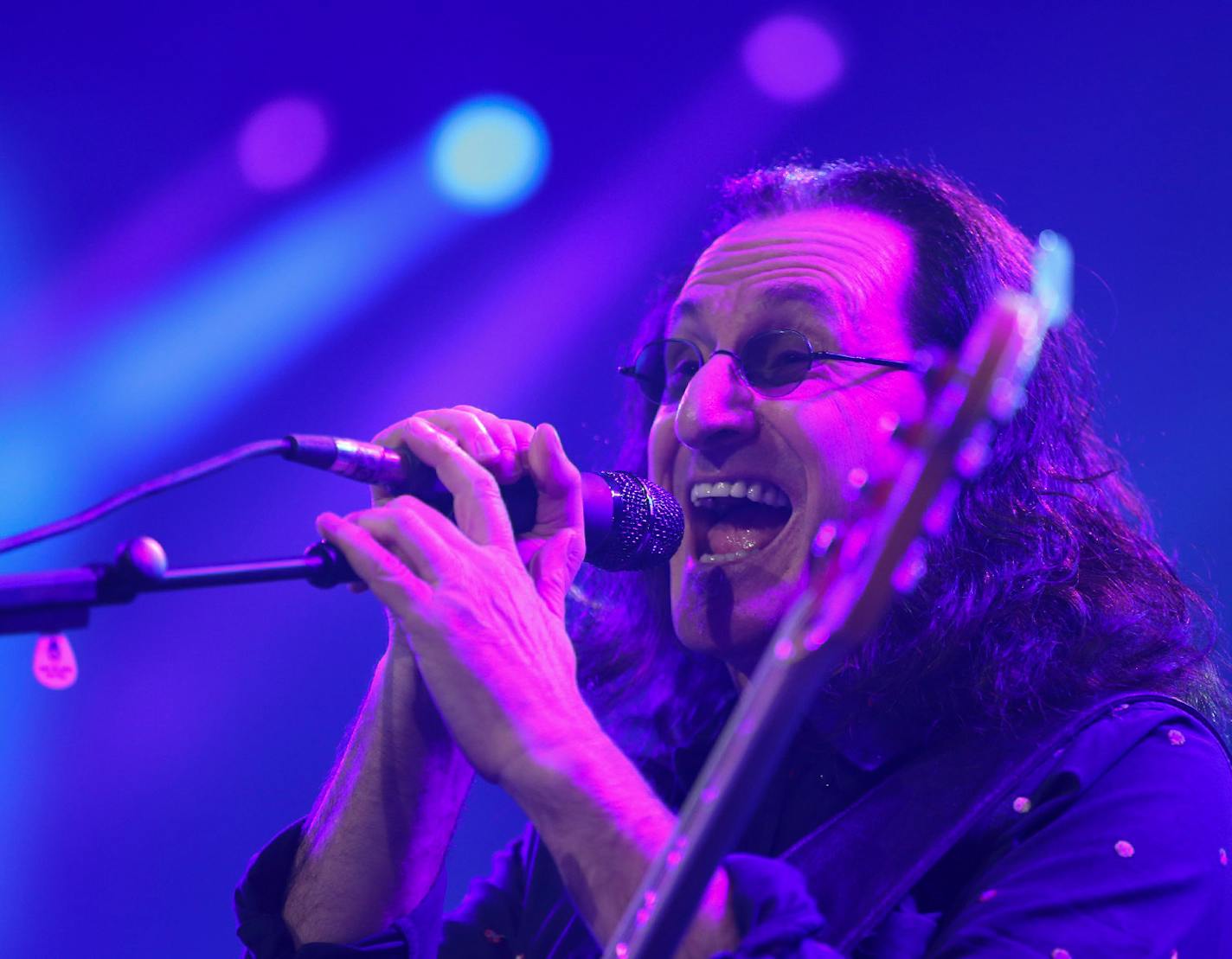 Rush bassist Geddy Lee sang on the band's second song Tuesday night. ] JEFF WHEELER ï jeff.wheeler@startribune.com Canadian rock gods Rush performed at Xcel Energy Center in St. Paul, Tuesday night, May 12, 2015.