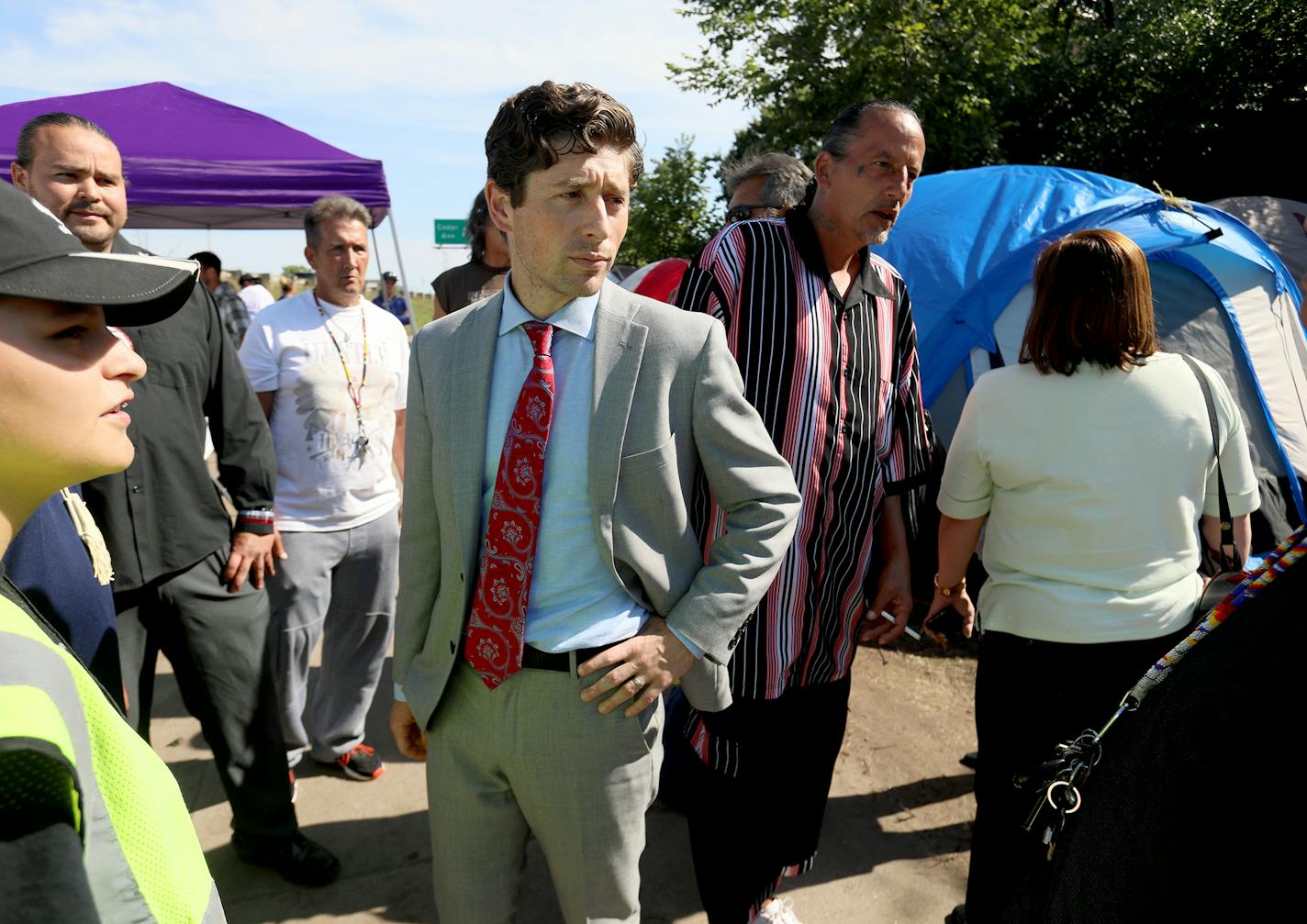 Minneapolis Mayor Jacob Frey visited the growing homeless encampment near the Little Earth housing project last week and talked with American Indian leaders at the site.