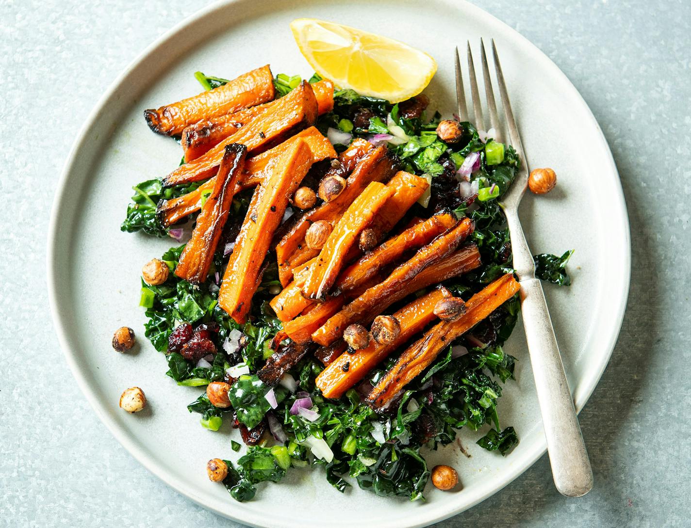 Kale and Roasted Carrot Salad. Recipe by Beth Dooley, Photo by Mette Nielsen, special to the Star Tribune