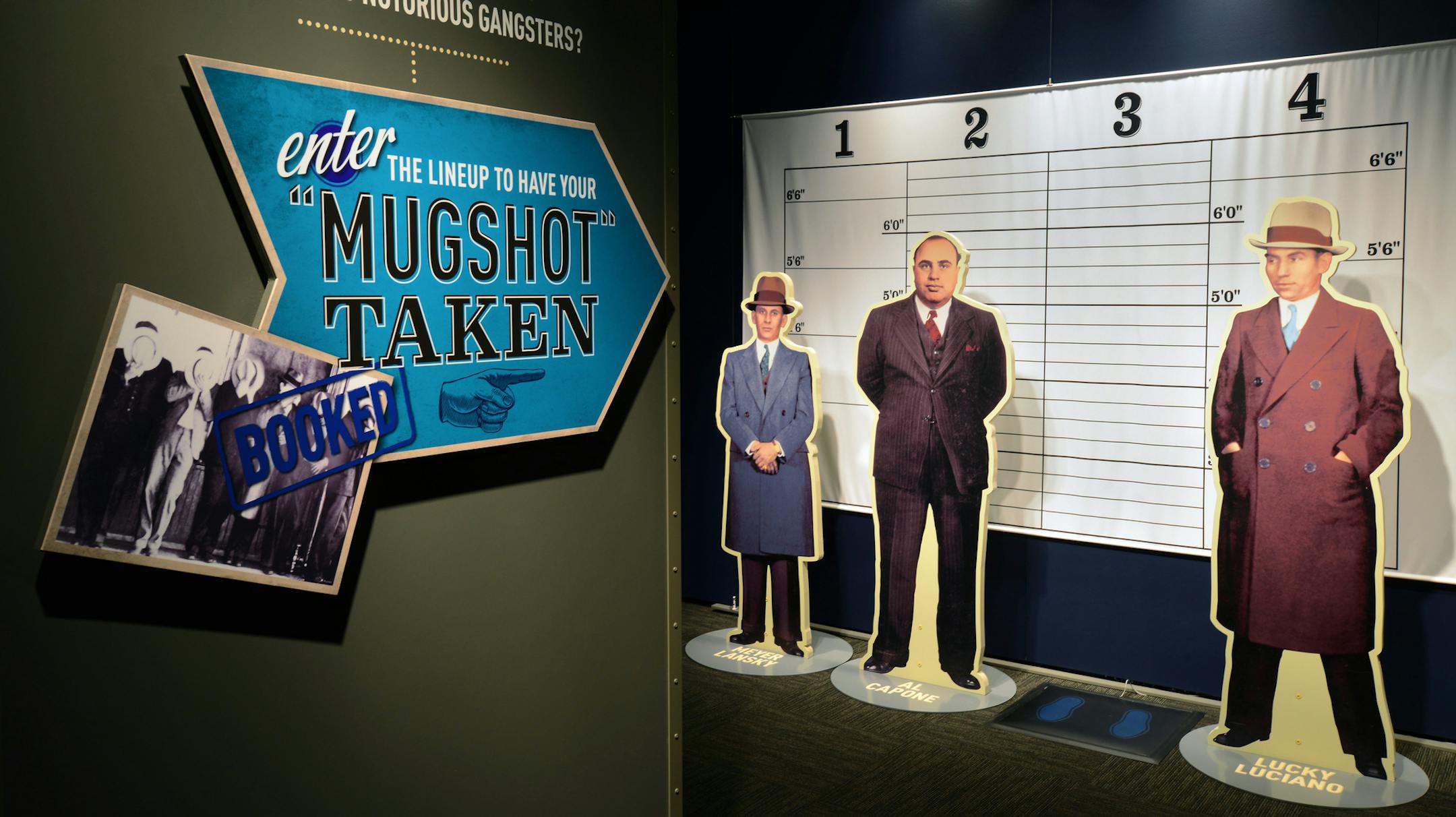 Provided by Minnesota Historical Society ‚ÄúMugshot‚Äù lineup with life-size figures of Al Capone, Lucky Luciano and Meyer Lansky from the exhibit ‚ÄúAmerican Spirits: the Rise and Fall of Prohibition.‚Äù
