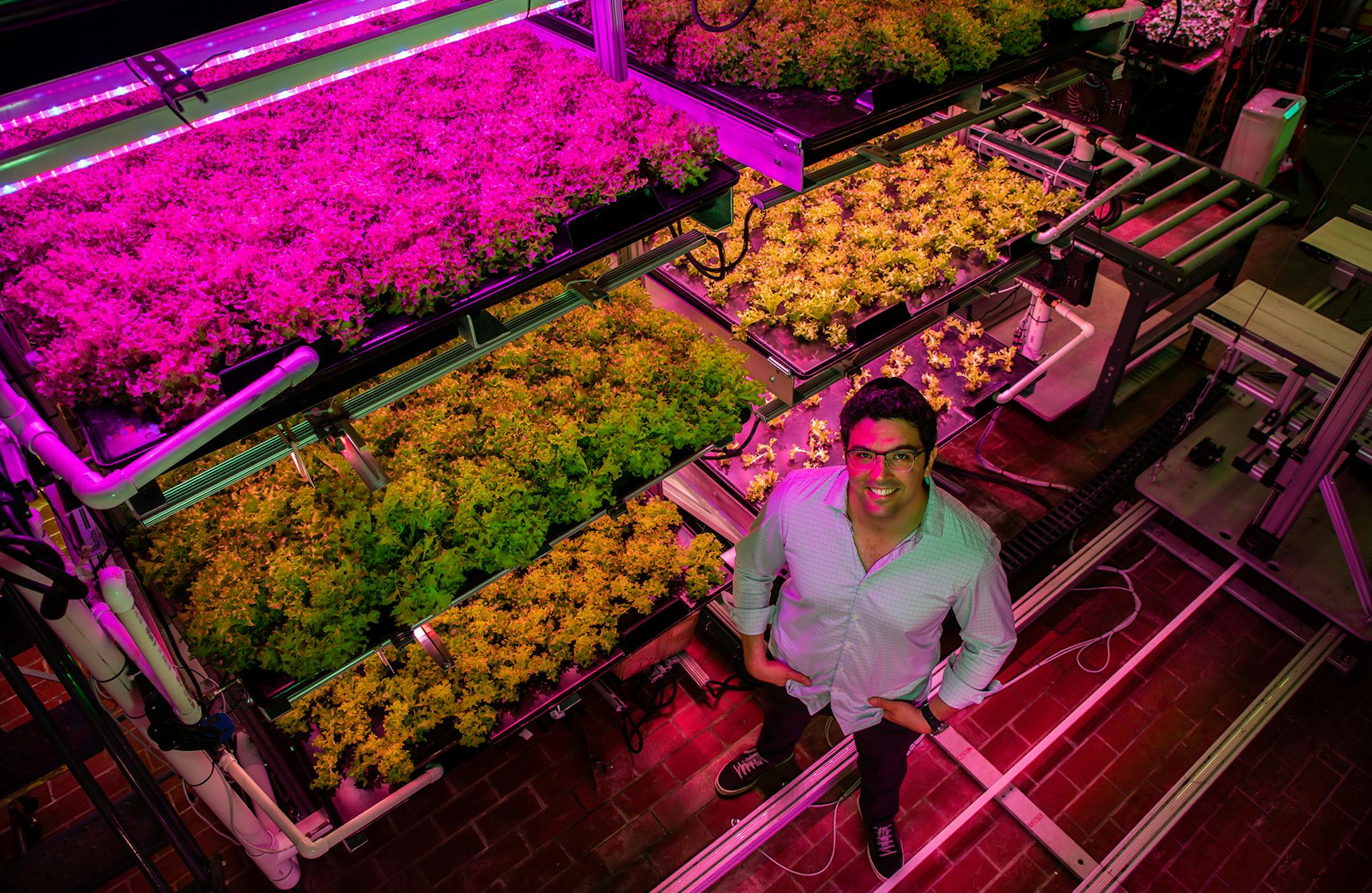Jake Counne, founder of Backyard Fresh Farms, an indoor vertical farming facility located at The Plant, which houses food and agricultural startups, in Chicago on July 11, 2019. The pilot plant grows lettuce, kale, arugula and and other greens using innovative manufacturing processes designed to make the operation more efficient and profitable. (Zbigniew Bzdak/Chicago Tribune/TNS)