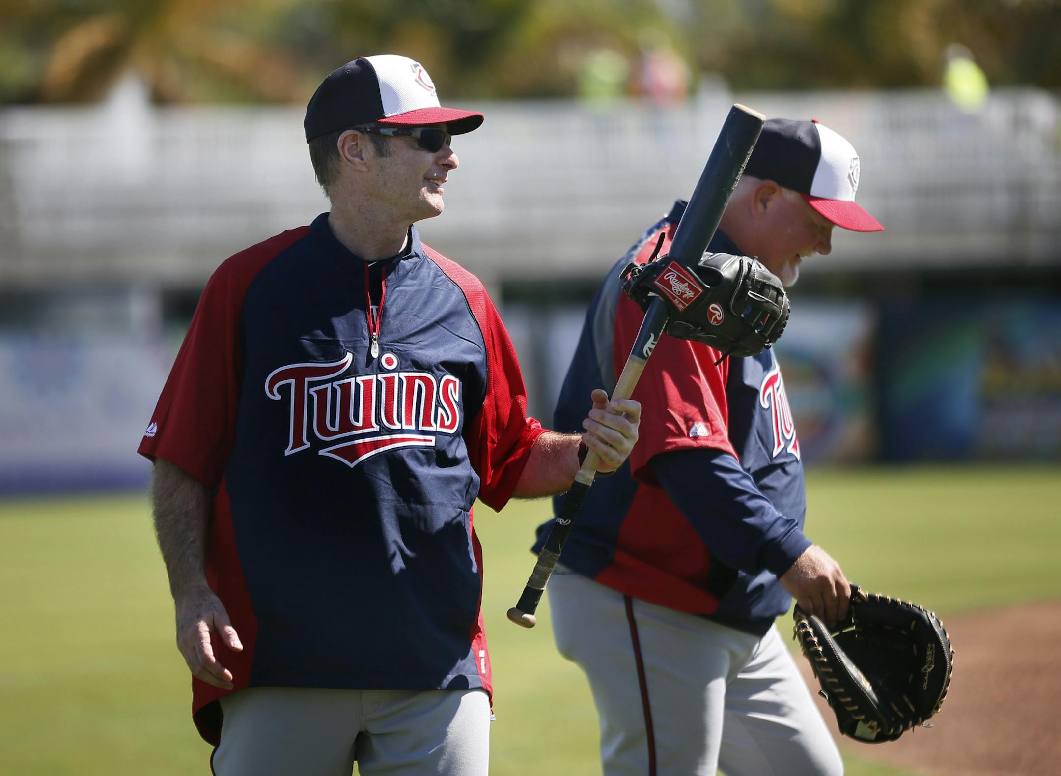 Twins coach Paul Molitor left and manger Ron Gardenhire shared a laugh after the first day of spring training Monday Feb 17. 2014 in Fort Myers, Florida Lee County Sports Complex. Monday is the first full day workout with pitchers and catchers . ] JERRY HOLT jerry.holt@startribune.com