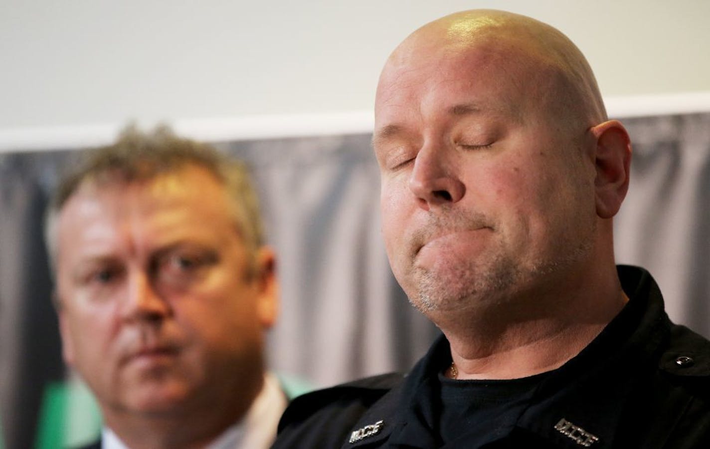 Oak Park Heights Corrections officers Jeff Vars, and Derek Magle, also AFSCME local 915 officers and AFSCME council 5 associate director Tim Henderson met with media members regarding a recent attack by an inmate at Oak Park Heights in which corrections officer Joe Parise died after helping to save one of his fellow officers. Here, Jeff Vars, front, takes a question from a media member as Tim Henderson, look on Tuesday, Sept. 25, 2018, at AFSCME in St. Paul, MN.