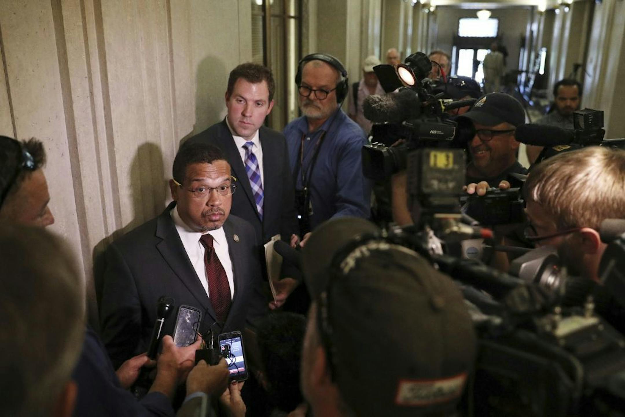 Democratic U.S. Rep. Keith Ellison, the first Muslim elected to Congress, speaks to journalists after filing to run for Minnesota attorney general at the Minnesota Secretary of State's Office in St. Paul, Minn. Candidates rushed to add their names to the races before the 5 p.m. Tuesday, June 5, 2018 deadline for filing to Minnesota's August primary ballot.