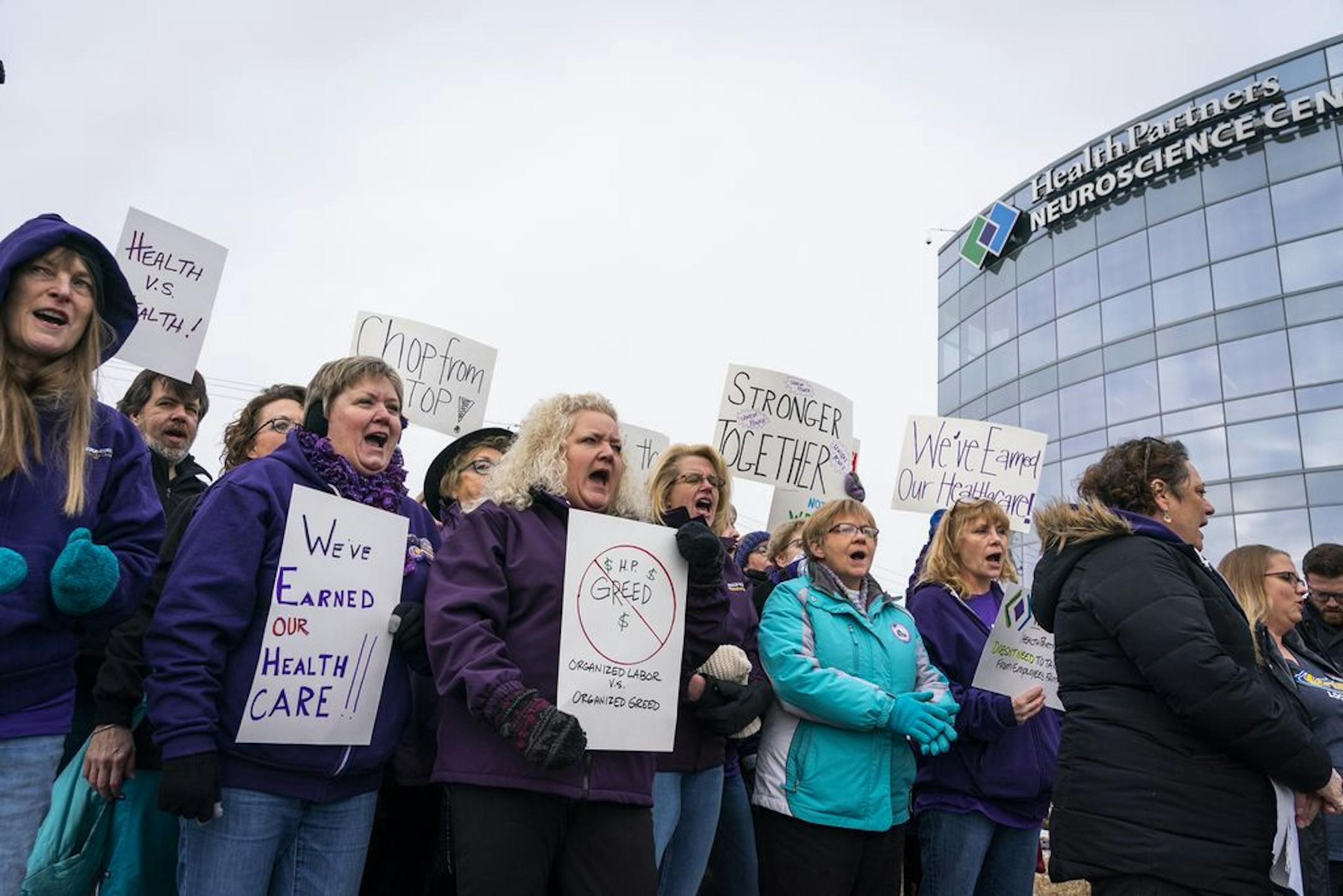 HealthPartners clinic workers and SEIU members cheered during a press conference announcing their strike deadline Friday, Feb. 7, 2020. The two sides reached a tentative contract agreement Tuesday, Feb. 18, a day before the strike deadline.