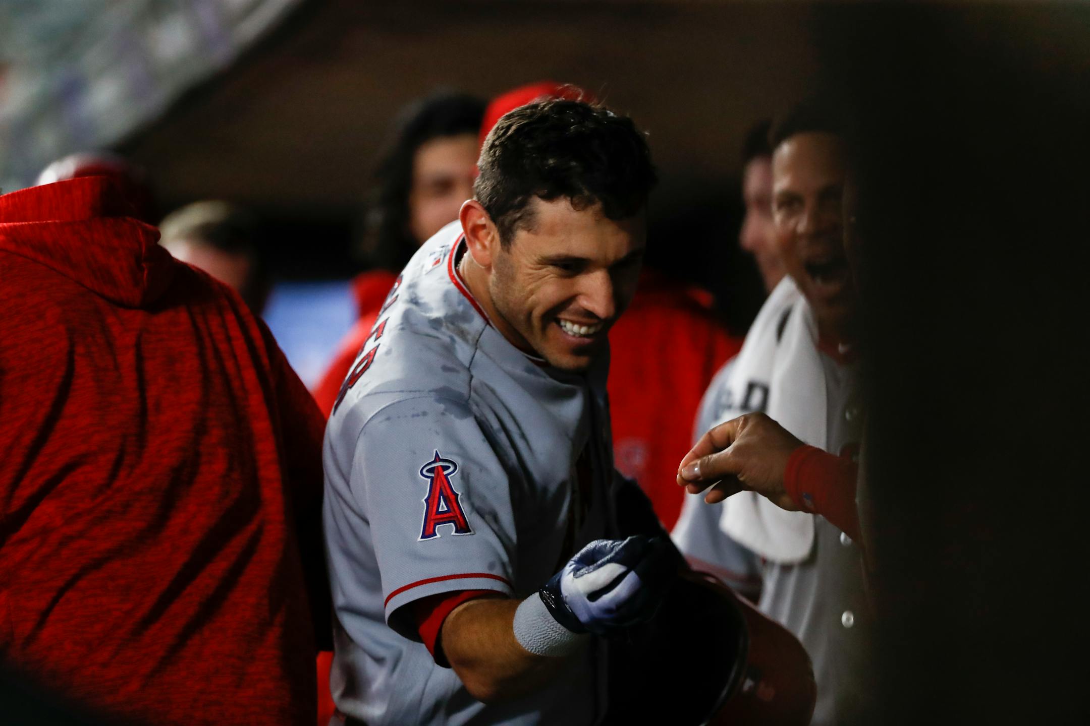 Angels second baseman Ian Kinsler celebrated in the dugout after hitting a two-run home run in the top of the seventh inning.