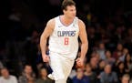 LA Clippers forward Danilo Gallinari (8) reacts after sinking a basket during the second half of the NBA basketball game against the New York Knicks, 