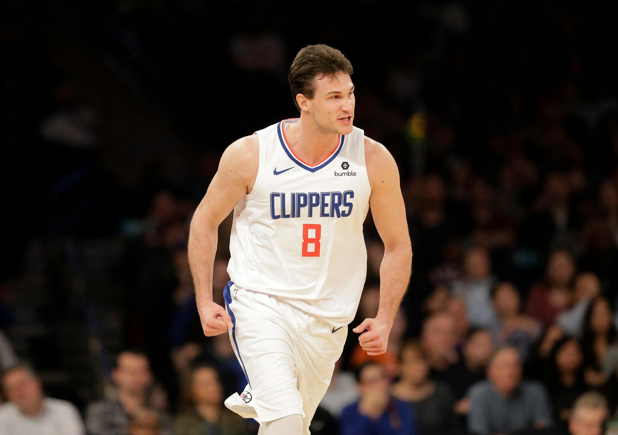 LA Clippers forward Danilo Gallinari (8) reacts after sinking a basket during the second half of the NBA basketball game against the New York Knicks, Sunday, March 24, 2019, in New York. The Clippers defeated the Knicks124-113. (AP Photo/Seth Wenig)