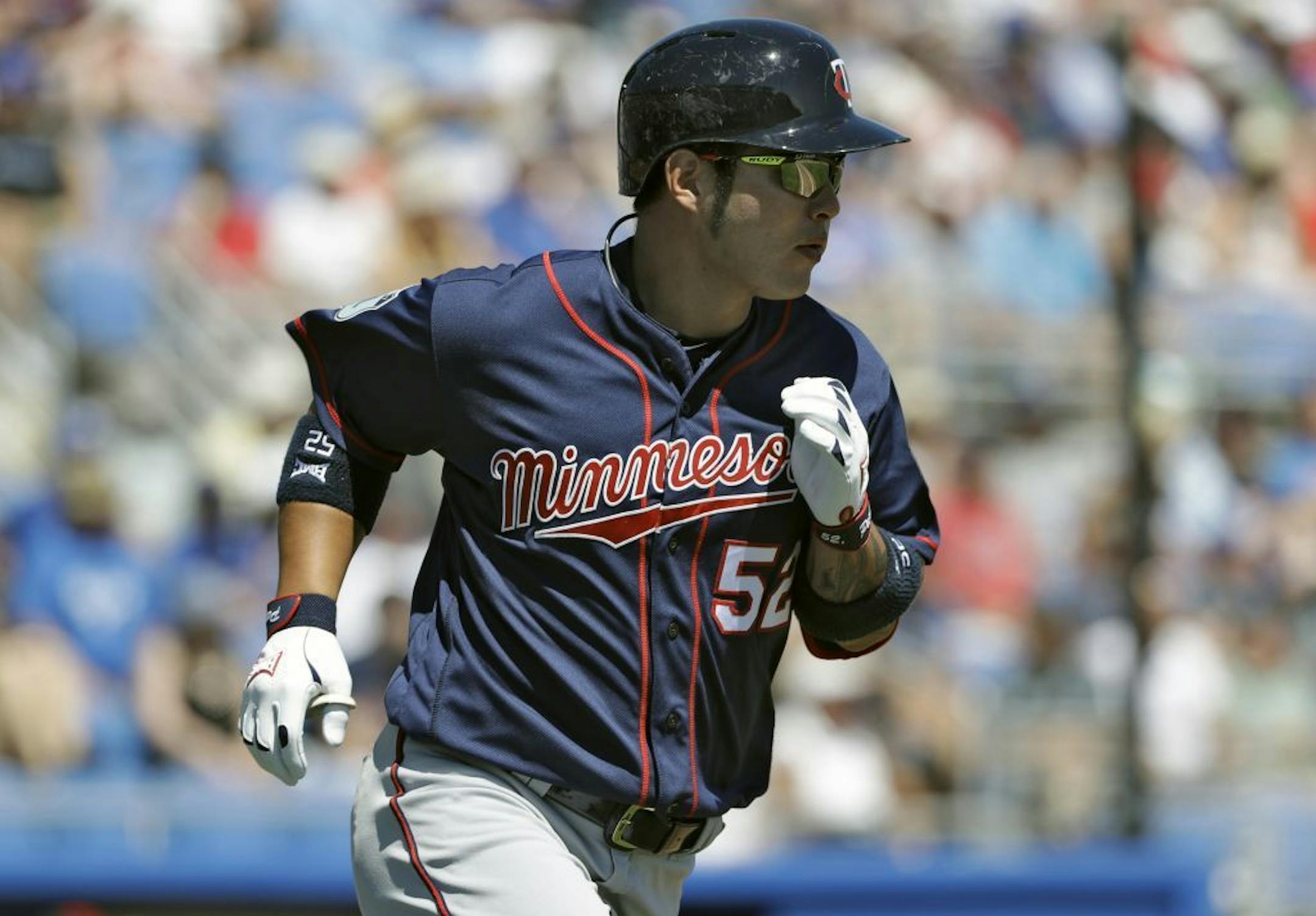 Minnesota Twins' Byung Ho Park heads for first base after hitting a two-run home run off Toronto Blue Jays starting pitcher Francisco Liriano during the fifth inning of a spring training baseball game Monday, March 20, 2017, in Dunedin, Fla.
