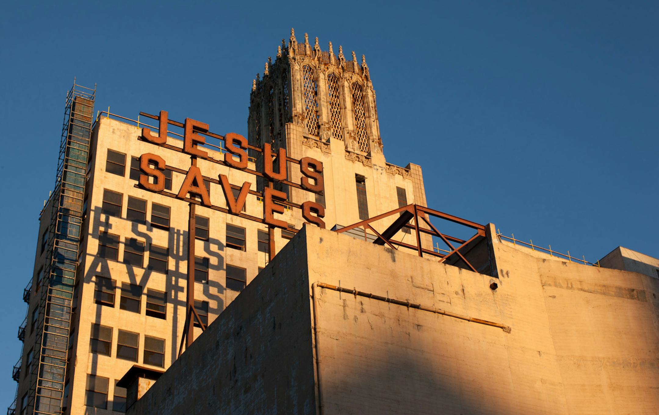 The red neon "Jesus Saves" sign is an iconic sight in downtown L.A. Photo by Spencer Lowell.