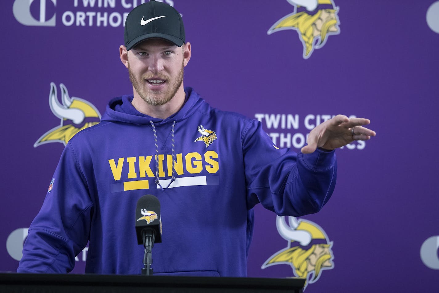 Vikings tight end Kyle Rudolph addressed the media during a press conference at the Twin Cities Orthopedic Center, Tuesday, April 16, 2019 in Eagan, MN.