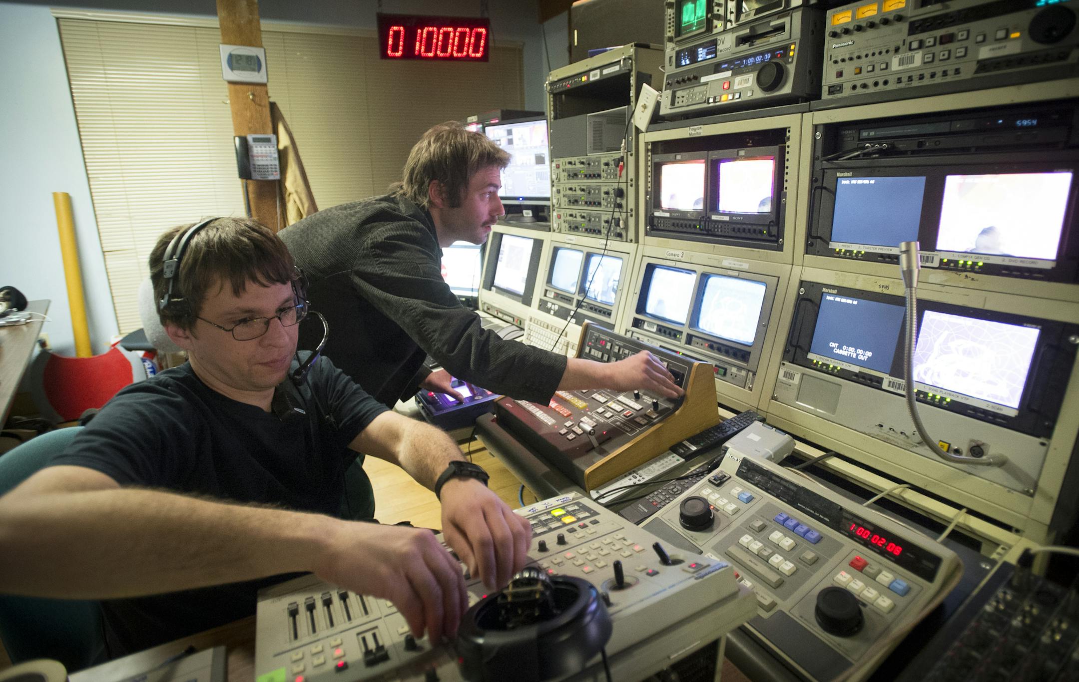Freaky Deeky Show director Hamil Griffin-Cassidy, right, and Nate Mains control audio and video during the Movin On Up Telethon early Saturday morning. ] (Aaron Lavinsky | StarTribune) To support its move to new studios in northeast Minneapolis, the Minneapolis Television Network will be presenting a Movin On Up Telethon. This unprecedented, twenty four-hour live TV and WEBCAST celebration is designed to highlight the various producers, artists, entertainers, and community activists who have mad