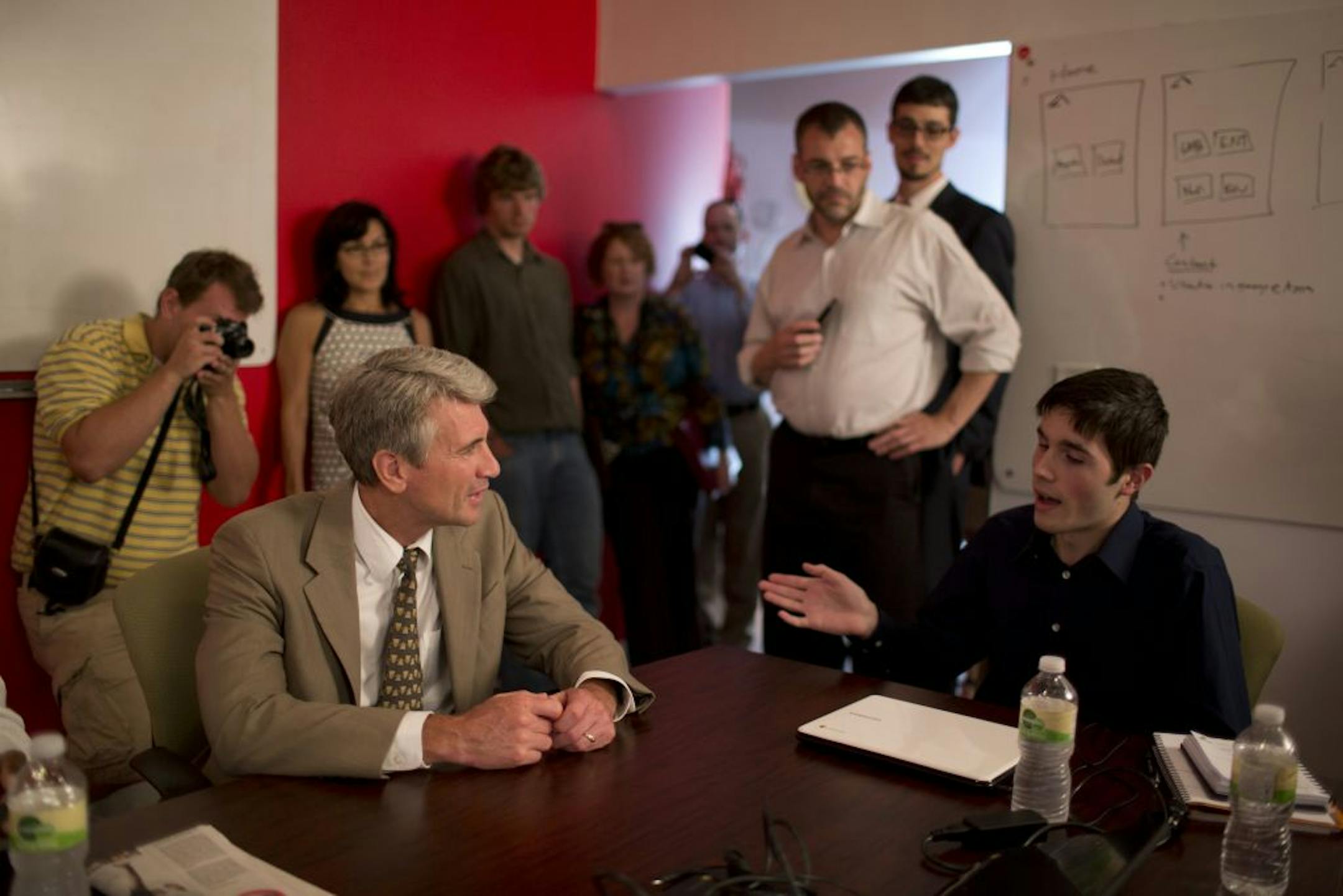 Mayor R.T. Rybak visited Agosto, a Minneapolis high tech firm that is employing six STEP-UP interns this summer. He talked with the interns about their summer jobs. One of the STEP-UP interns at Agosto, Eros Deva, told the Mayor that he could see himself starting a company after college.