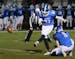 Woodbury kicker Cade Keesling (87) hits the game-winning field goal to give his team a 16-14 win over Wayzata during the Class 6A sectional playoff fo