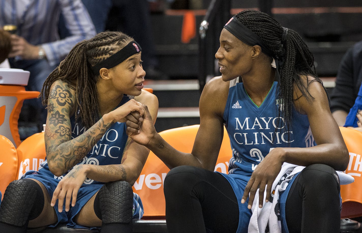 Minnesota Lynx guard Seimone Augustus (33) and center Sylvia Fowles (34) shared a moment on the bench during the fourth quarter Saturday. ] (AARON LAVINSKY/STAR TRIBUNE) aaron.lavinsky@startribune.com The Minnesota Lynx played the Phoenix Mercury on Saturday, May 14, 2016 at Target Center in Minneapolis, Minn.