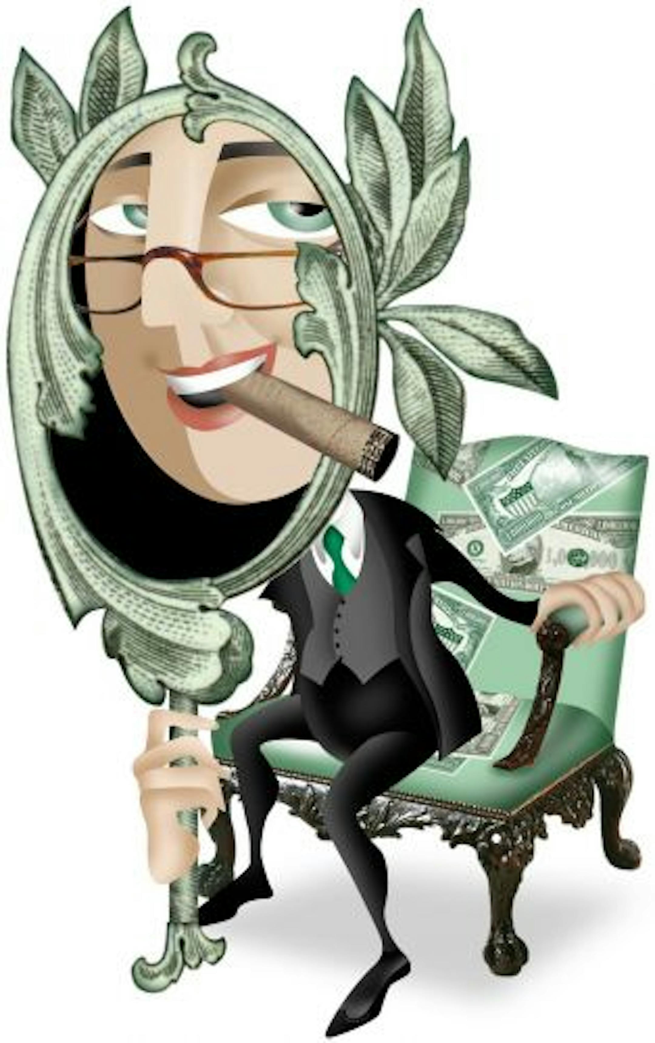 200 dpi 29p x 45p Ana Lense Larrauri color illustration of a wealthy executive with cigar in teeth looking through a green money mirror sits on a green money-decorated chair. Miami Herald 1999 Companion KRT News in Motion animation is available on this subject.