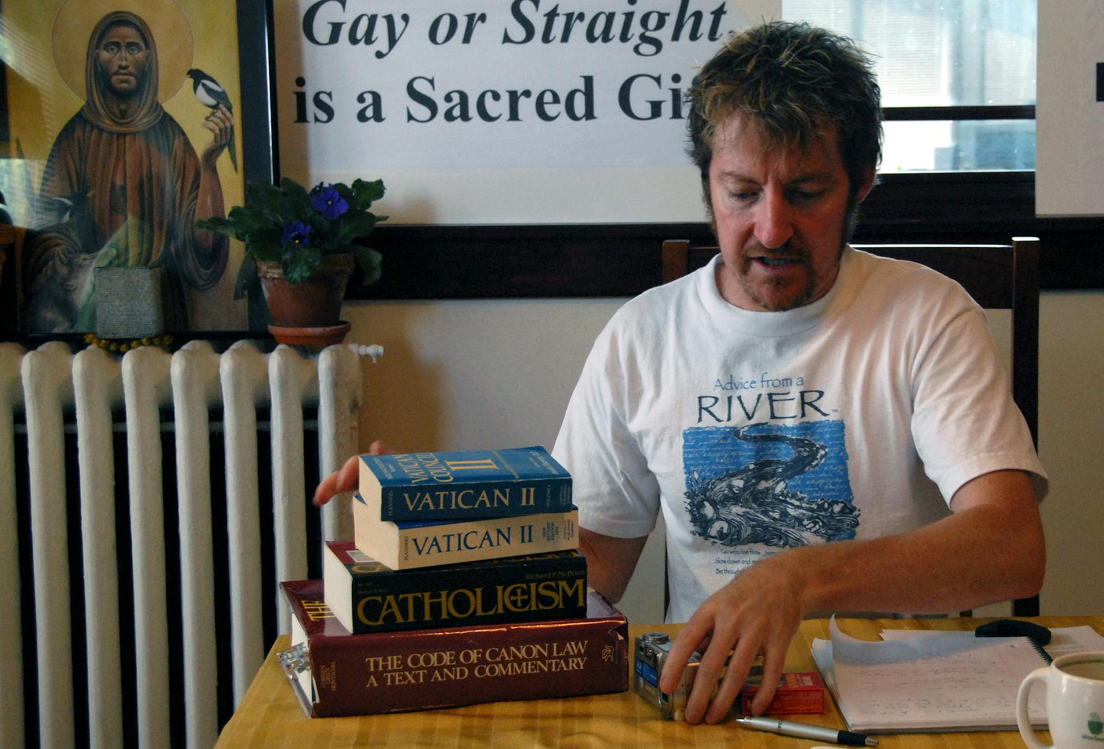 Michael Bayly is executive director of CPCSM (Catholic Pastoral Committee on Sexual Minorities). He had just met with other members about holding a prayer vigil outside of St. Joan of Arc Church in south Minneapolis to show disagreement with Twin Cities Archbishop John Neinstedt's decision that the church can't host its annual gay pride prayer service.